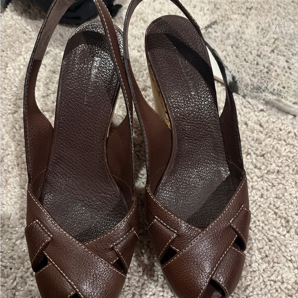 Jil Sander Brown Leather Slingback Peep-Toe Heels